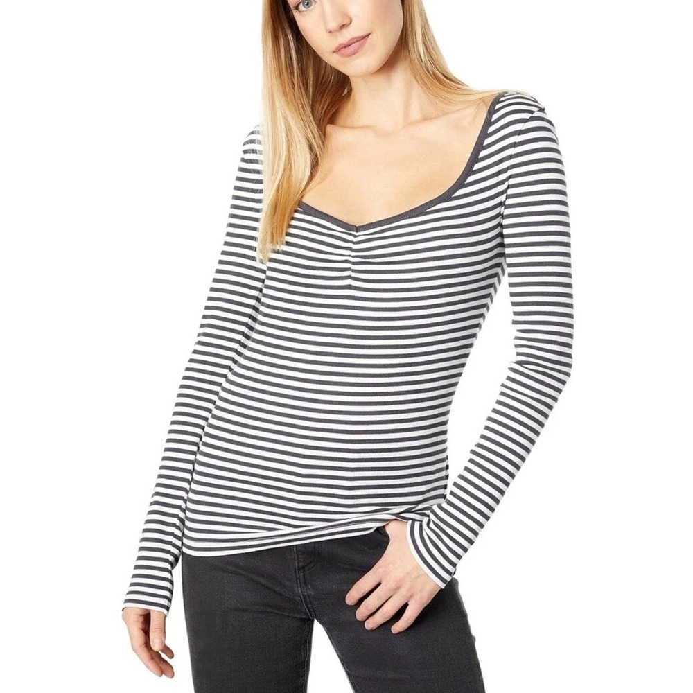 Madewell Top Womens Medium Black White Cotton Modal Striped Long Sleeve